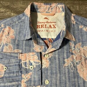 Tommy Bahama Relax Waikiki Linen Blend Blue/Pink Floral Hawaiian Shirt Sz Medium